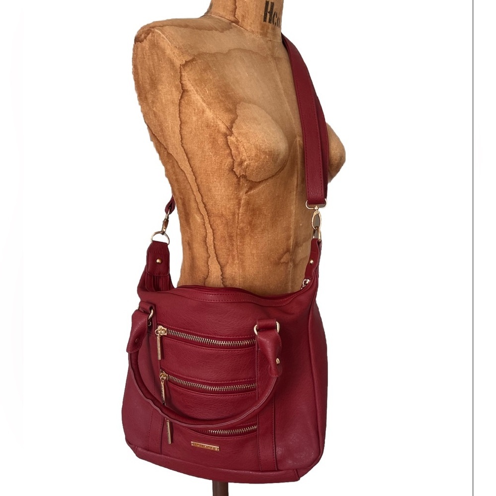 Rampage Large Convertible Crossbody Tote Handbag Red Faux Leather Gold Zip Front